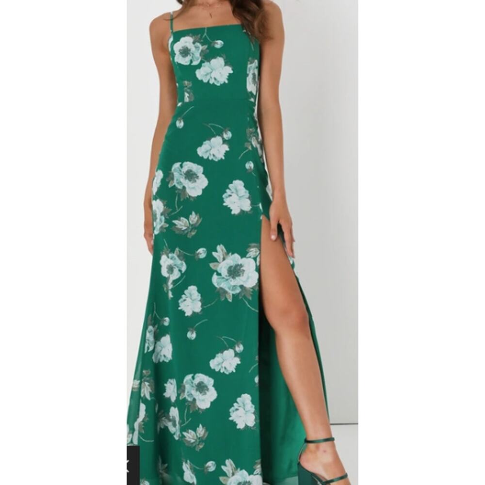 LULU'S XS Feeling Elegant Green Floral Print Lace-Up Slit Maxi Dress NEW B36